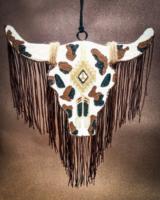 Black, brown, white, cow print bull skull car freshie, hanging