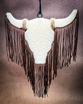 Black, brown, white, cow print bull skull car freshie, hanging