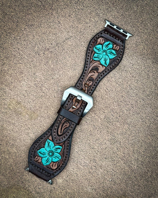 Teal Bloom Tooled Leather Smart Watch Band by American Darling – Accessories from Bronco Western Supply Co.