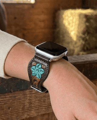 Teal Bloom Tooled Leather Smart Watch Band by American Darling – Accessories from Bronco Western Supply Co.