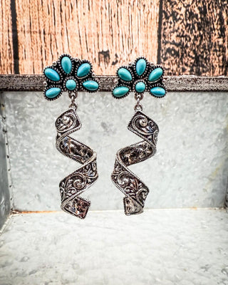 The Desert Bloom Spirals – Filigree & Aqua Flower Fashion Earrings – Jewelry from Bronco Western Supply Co.