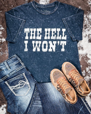 The Hell I Won't Boyfriend Tee in Vintage Black Mineral Wash – Apparel from Bronco Western Supply Co.