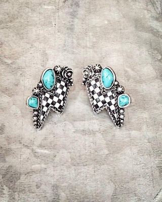 The Thunderbolt Studs – Checker & Aqua Stone Fashion Earrings – Jewelry from Bronco Western Supply Co.