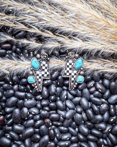 The Thunderbolt Studs – Checker & Aqua Stone Fashion Earrings - Jewelry - Blue Tortoise - Bronco Western Supply Co.