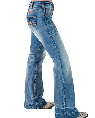 Blue jeans with a slight fade on a white background