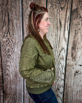 Tooled Frontier Hoodie in Hunter Green by Sterling Kreek – Apparel from Bronco Western Supply Co.