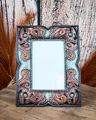 Tough 1 - Floral Leather Picture Frame with Turquoise – Gift Items from Bronco Western Supply Co.