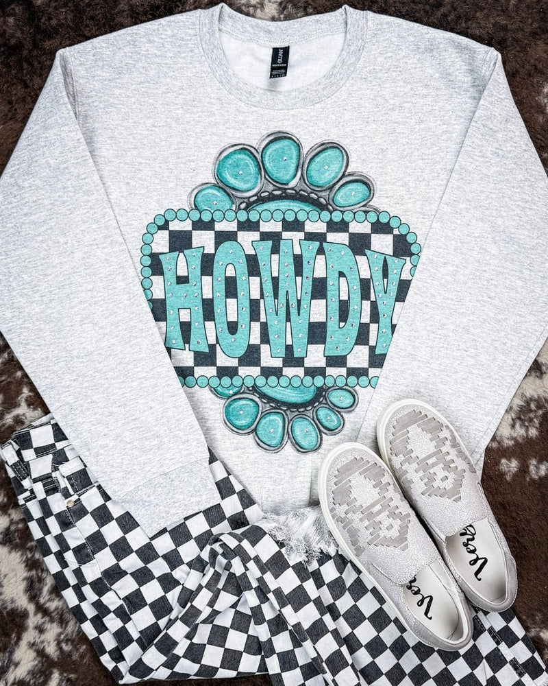 Turquoise Check Rhinestone Howdy Sweatshirt in Gray – Apparel from Bronco Western Supply Co.