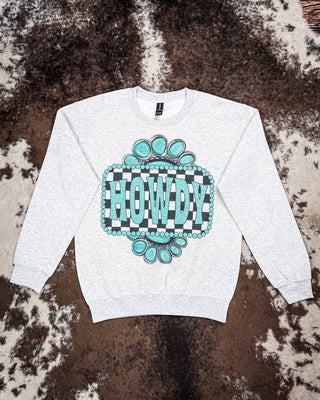 Turquoise Check Rhinestone Howdy Sweatshirt in Gray – Apparel from Bronco Western Supply Co.