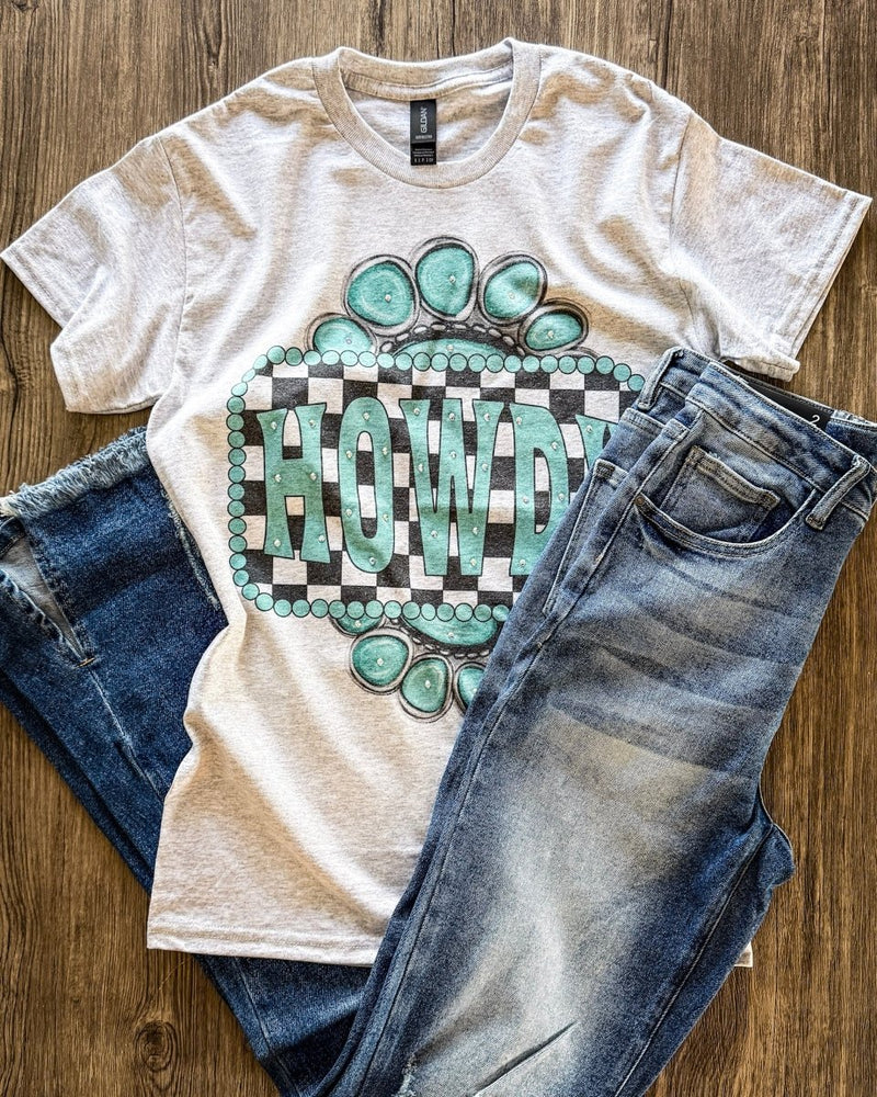 Turquoise Check Rhinestone Howdy Tee in Gray – Apparel from Bronco Western Supply Co.