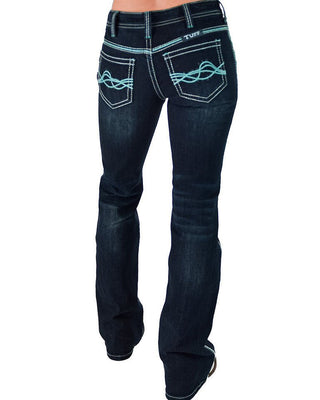 Dark blue jeans with white stitching on a white background