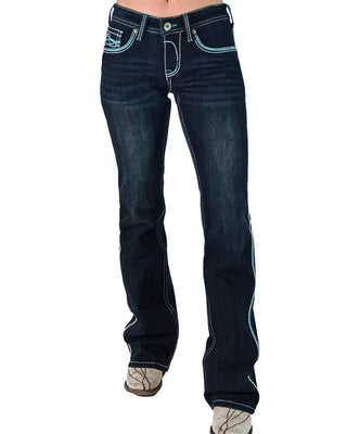 Dark blue jeans with white stitching on a white background