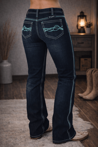 Turquoise DFMI Dark Bootcut Jeans by Cowgirl Tuff – Apparel from Bronco Western Supply Co.
