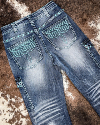 Turquoise Gem Wide Leg Trouser Jeans by Cowgirl Tuff – Apparel from Bronco Western Supply Co.
