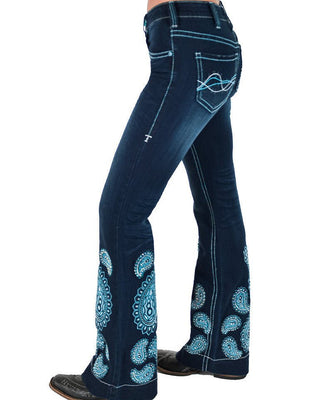 Dark blue western flare jeans with light blue paisley embroidery on the lower legs and a matching embroidered fish logo on the back pocket, shown on a model from the waist down against a white background.