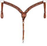 Turquoise Sunflower Tooled Breast Collar and Headstall - Pieces Sold Separate - Horse Tack - Rafter T Ranch Co. - Bronco Western Supply Co.