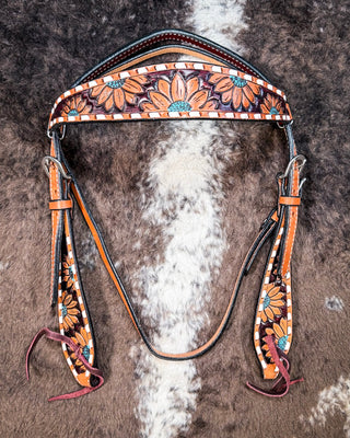 Turquoise Sunflower Tooled Breast Collar and Headstall - Pieces Sold Separate - Horse Tack - Rafter T Ranch Co. - Bronco Western Supply Co.