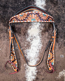 Turquoise Sunflower Tooled Breast Collar and Headstall - Pieces Sold Separate - Horse Tack - Rafter T Ranch Co. - Bronco Western Supply Co.
