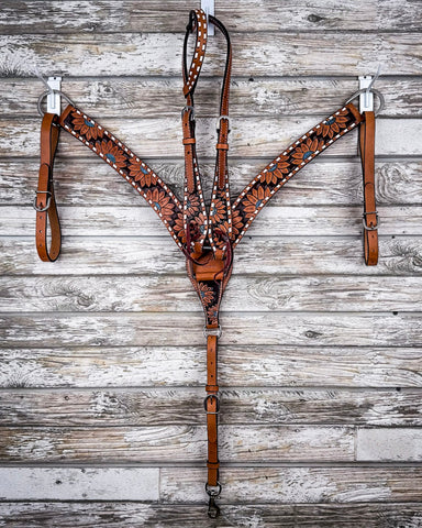 Turquoise Sunflower Tooled Breast Collar and Headstall - Pieces Sold Separate - Horse Tack - Rafter T Ranch Co. - Bronco Western Supply Co.