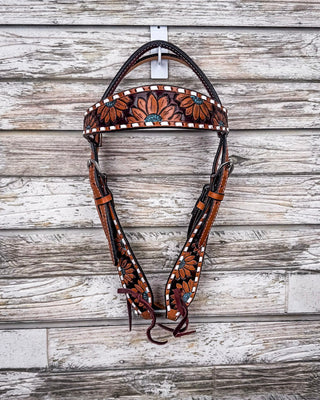 Turquoise Sunflower Tooled Breast Collar and Headstall - Pieces Sold Separate - Horse Tack - Rafter T Ranch Co. - Bronco Western Supply Co.