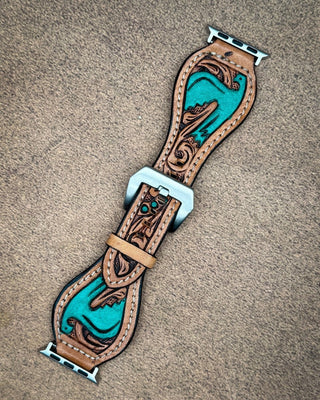 Turquoise Thunderbird Tooled Leather Smart Watch Band by American Darling – Accessories from Bronco Western Supply Co.