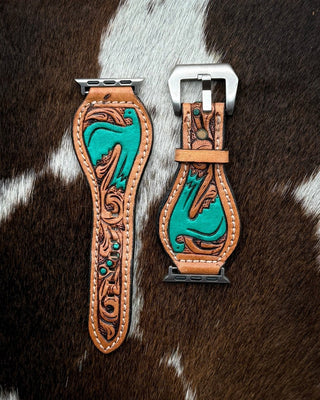Turquoise Thunderbird Tooled Leather Smart Watch Band by American Darling – Accessories from Bronco Western Supply Co.