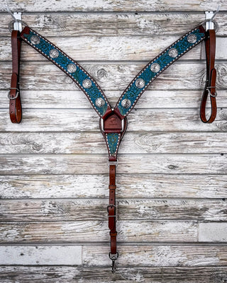 Turquoise Wash Bull Coin Breast Collar and Headstall - Pieces Sold Separate – Horse Tack from Bronco Western Supply Co.