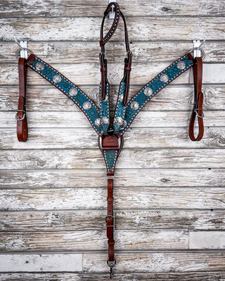 Turquoise Wash Bull Coin Breast Collar and Headstall - Pieces Sold Separate – Horse Tack from Bronco Western Supply Co.