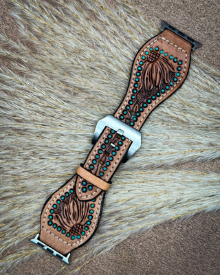 Turquoise Wildflower Tooled Leather Smart Watch Band by American Darling – Accessories from Bronco Western Supply Co.