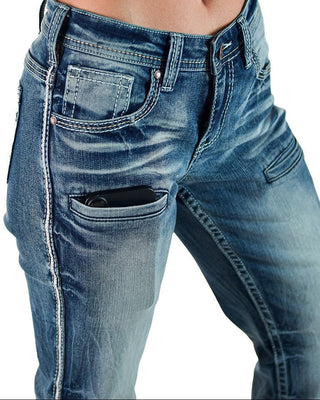 Close-up of a person wearing blue denim jeans with a front pocket holding a black phone, shown against a plain white background.