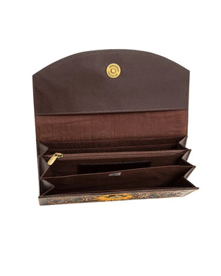 An open brown leather clutch wallet with multiple interior card slots, a zippered pocket, and gold-tone hardware, shown against a plain white background.