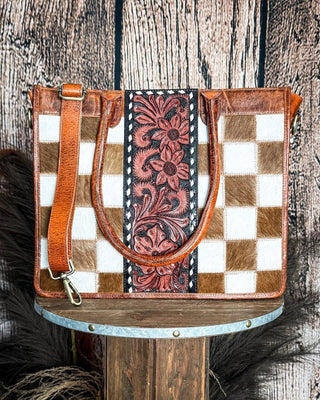 Virginia Checkered Leather and Hide Tote Bag by Countryside Co. – Purses & Wallets from Bronco Western Supply Co.