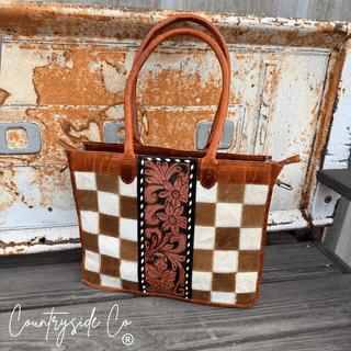 Virginia Checkered Leather and Hide Tote Bag by Countryside Co. – Purses & Wallets from Bronco Western Supply Co.