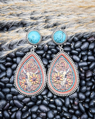 Viva Bloom Floral Tooled Stud Fashion Earrings in Turquoise – Jewelry from Bronco Western Supply Co.