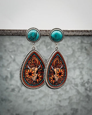 Viva Bloom Floral Tooled Stud Fashion Earrings in Turquoise – Jewelry from Bronco Western Supply Co.