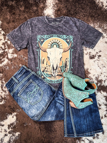 Western Cow Skull Graphic Tee - Vintage Black - Apparel - Lotus Fashion - Bronco Western Supply Co.