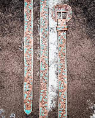 Western Wreath Leather Belt in Bronco Sky by Myra Bag – Accessories from Bronco Western Supply Co.