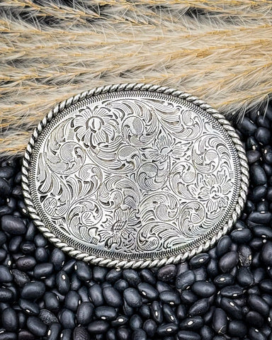 Whispering Prairie Engraved Silver Fashion Belt Buckle - Accessories - Blue Tortoise - Bronco Western Supply Co.