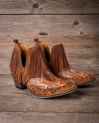Wild Ember Fringed Handtooled Leather Booties in Golden Rust by Myra Bag – Women's Shoes from Bronco Western Supply Co.