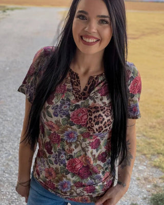 Wild Vintage Floral V-Neck Top by Sterling Kreek – Apparel from Bronco Western Supply Co.