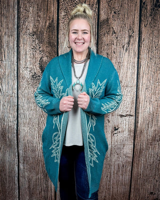 Wilderline Boot Stitch Cardigan in Teal by Lucky & Blessed – Apparel from Bronco Western Supply Co.