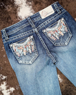 Windswept Feather Easy Boot Jeans in Dark Wash by Grace in LA – Apparel from Bronco Western Supply Co.