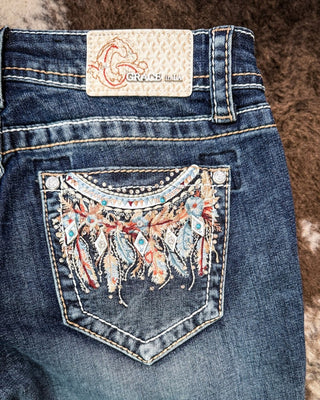 Windswept Feather Easy Boot Jeans in Dark Wash by Grace in LA – Apparel from Bronco Western Supply Co.