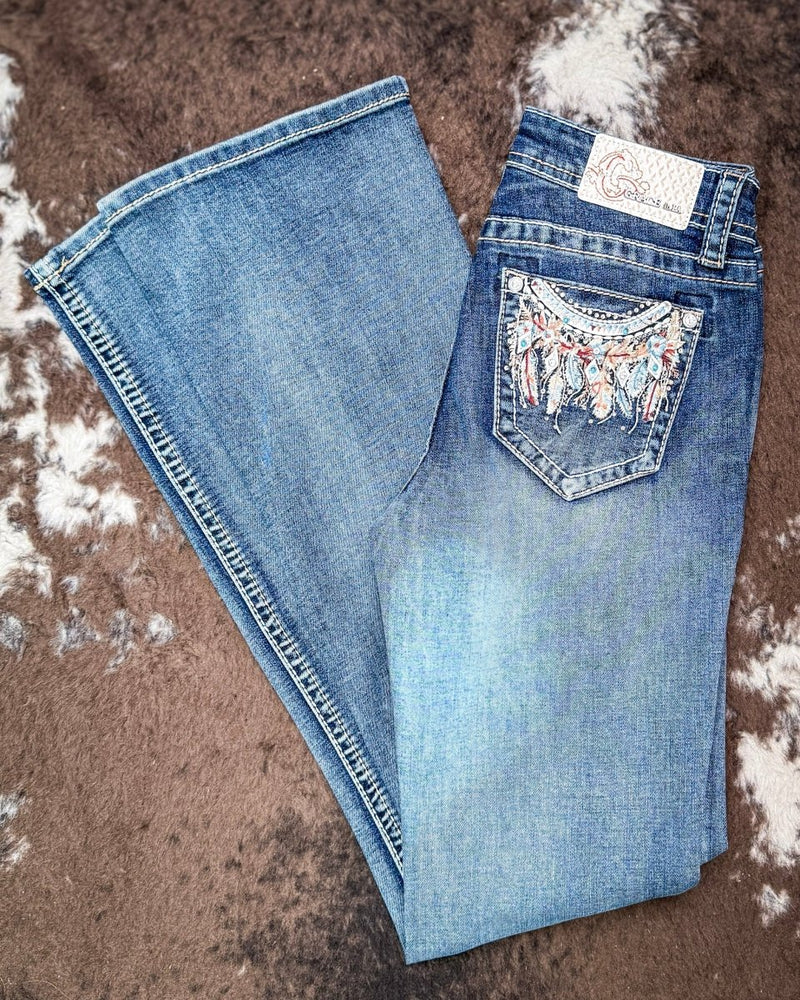 Windswept Feather Easy Boot Jeans in Dark Wash by Grace in LA – Apparel from Bronco Western Supply Co.