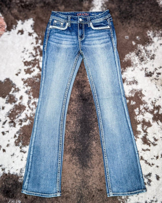 Windswept Feather Easy Boot Jeans in Dark Wash by Grace in LA – Apparel from Bronco Western Supply Co.