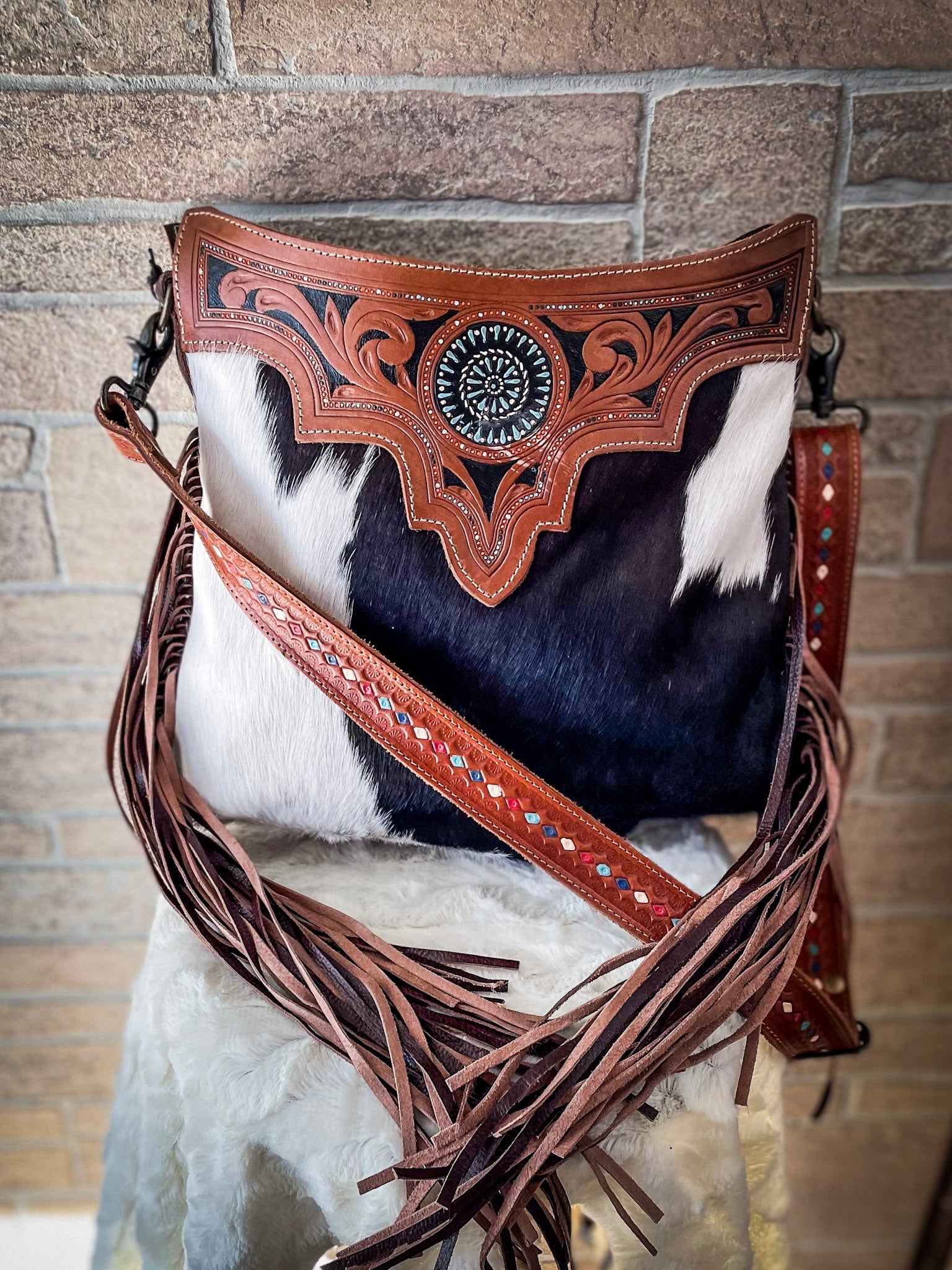 Myra Bag Monochromatic Tassels Hand-Tooled Hairon Bag