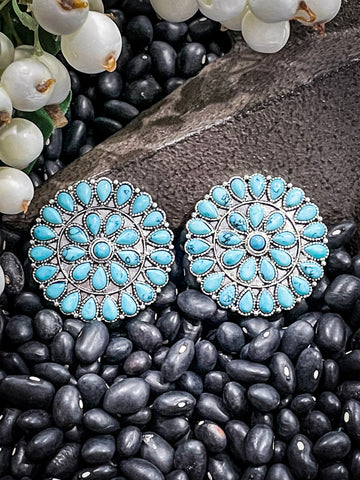 Western Cluster Stone Stud Earrings-Turquoise and Silver