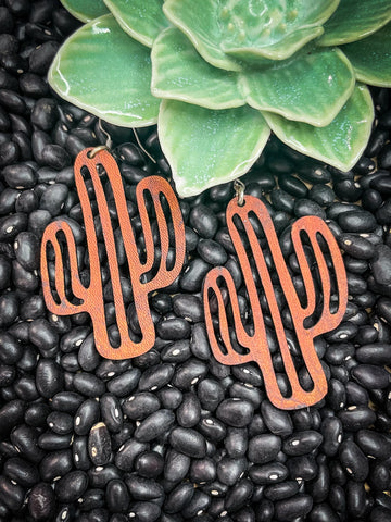 Not A Hugger Leather Cactus Earrings - Brown Jewelry Bronco Western Supply Co. Bronco Western Supply Co. 