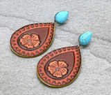 Blanche Turquoise and Floral Tooled Leather Stud Earrings Jewelry Bronco Western Supply Co. Bronco Western Supply Co. 