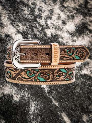 "Top Notch" Hand Tooled HOOEY Belt Natural/Turquoise